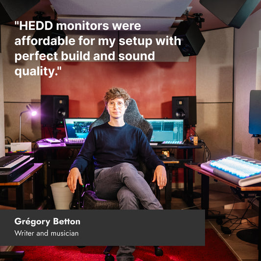 A photo of Gregory Betton in his studio with a written quote about why he chose HEDD monitors