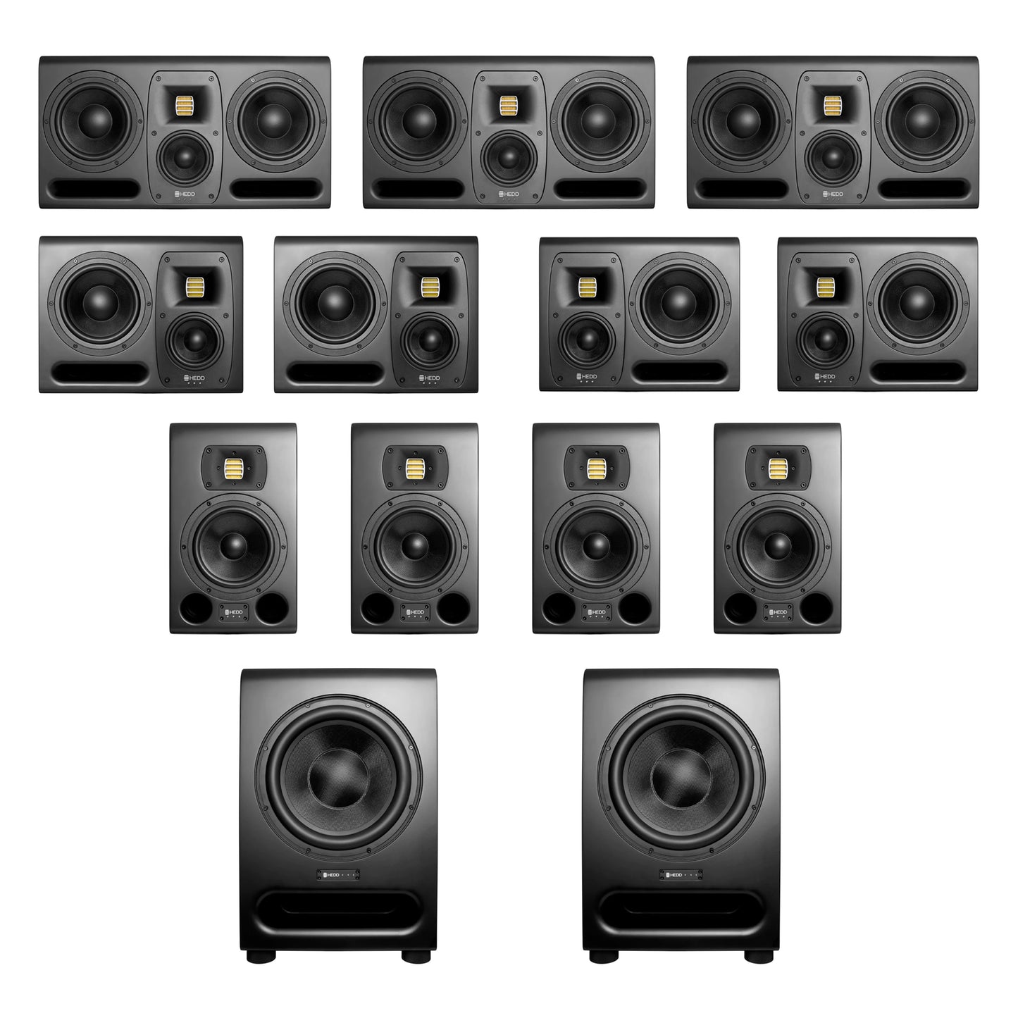 A collection of Hedd Audio, including multiple studio monitors and subwoofers for atmos setups