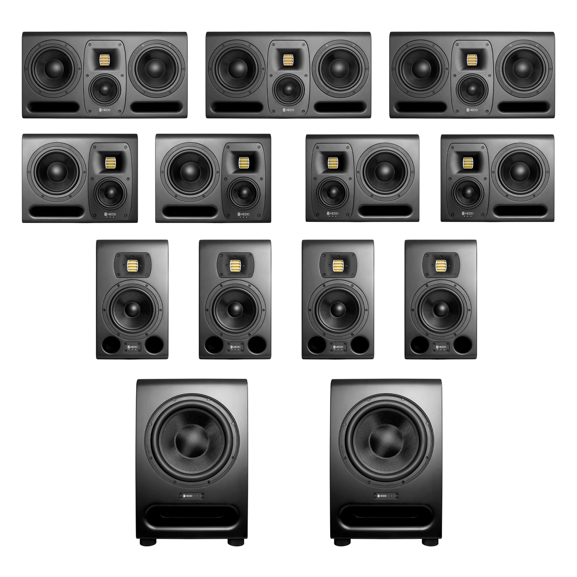A collection of Hedd Audio, including multiple studio monitors and subwoofers for atmos setups