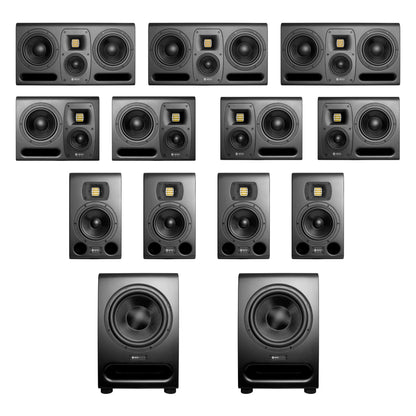 A collection of Hedd Audio, including multiple studio monitors and subwoofers for atmos setups