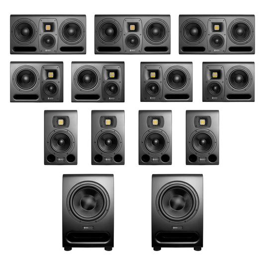 A collection of Hedd Audio, including multiple studio monitors and subwoofers for atmos setups