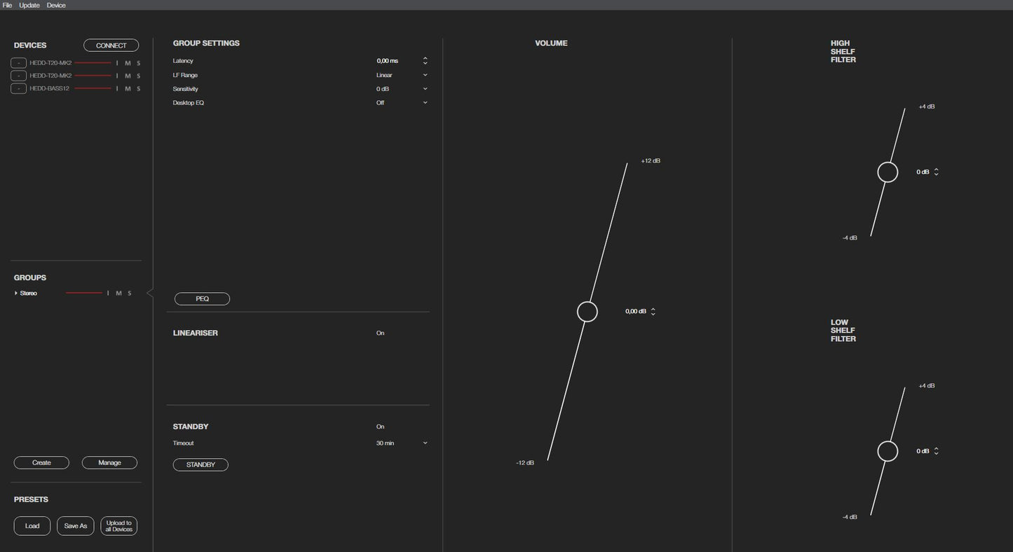 HEDD CTRL interface with various controls and graphs on a dark background