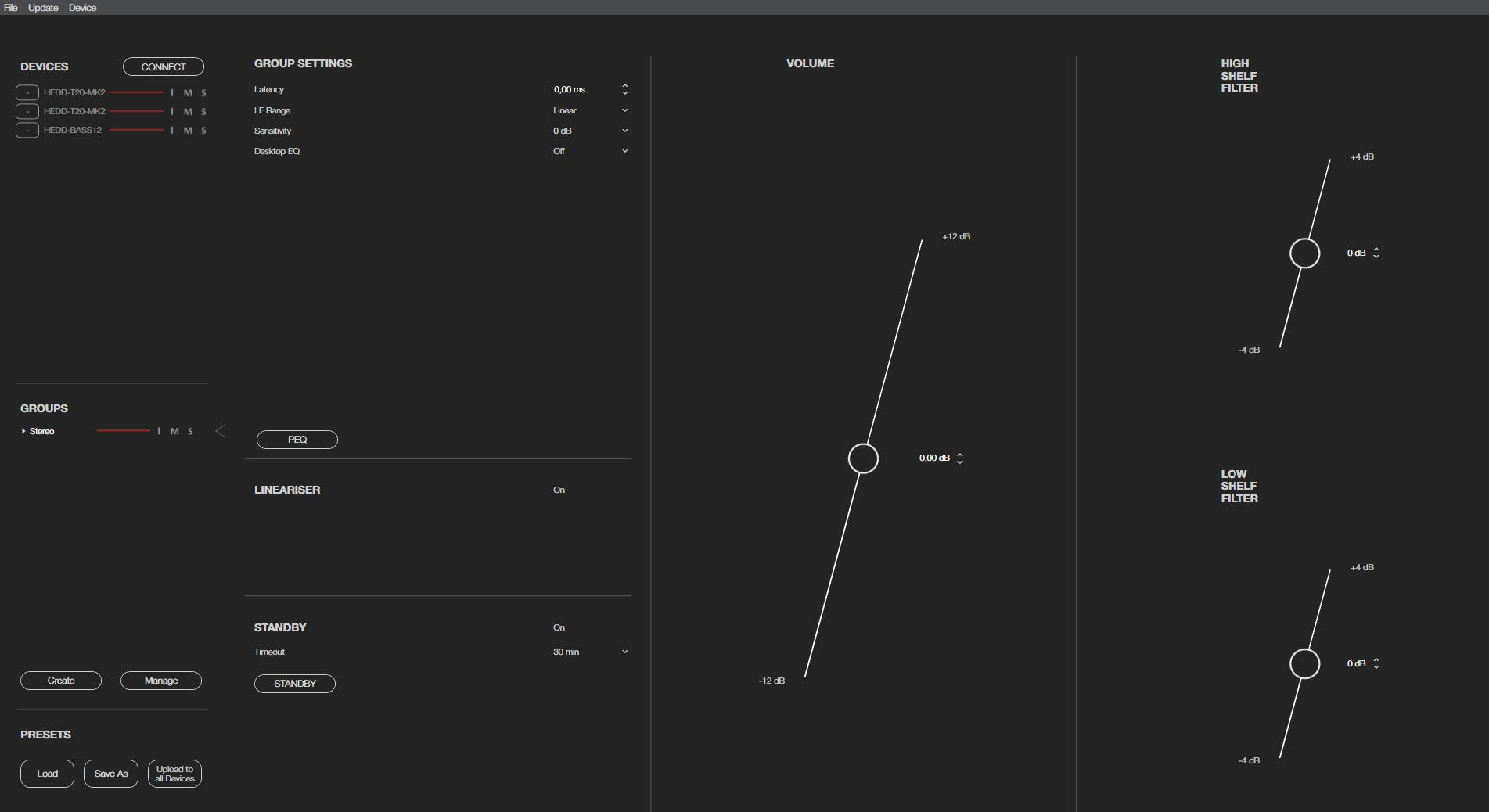 HEDD CTRL interface with various controls and graphs on a dark background