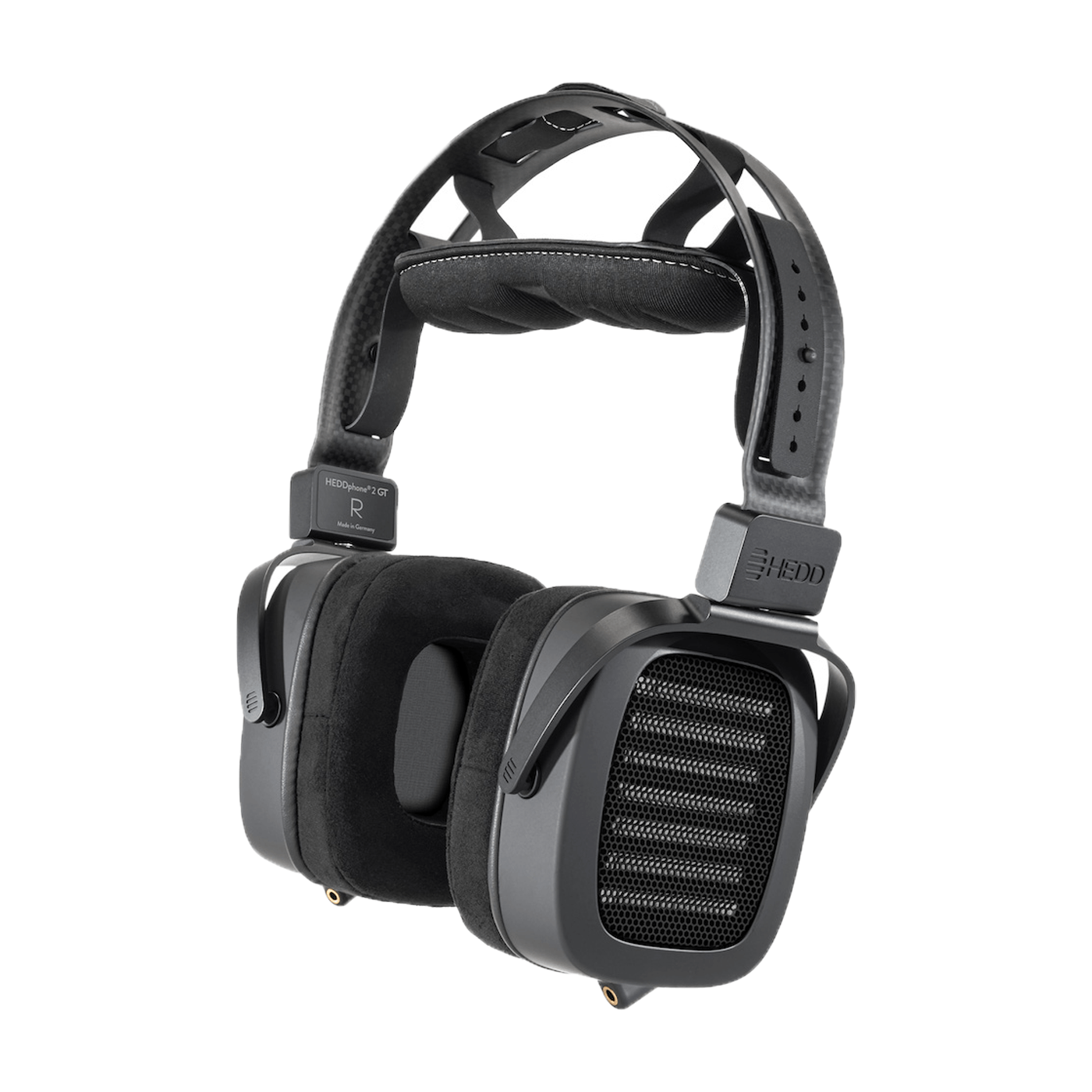 A pair of black HEDDphone TWO GT headphones with velour ear pads, showcasing the open-back design, logo, and build quality.