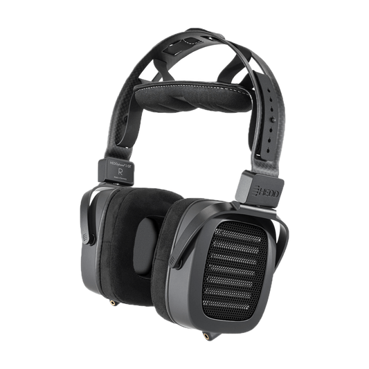 A pair of black HEDDphone TWO GT headphones with velour ear pads, showcasing the open-back design, logo, and build quality.