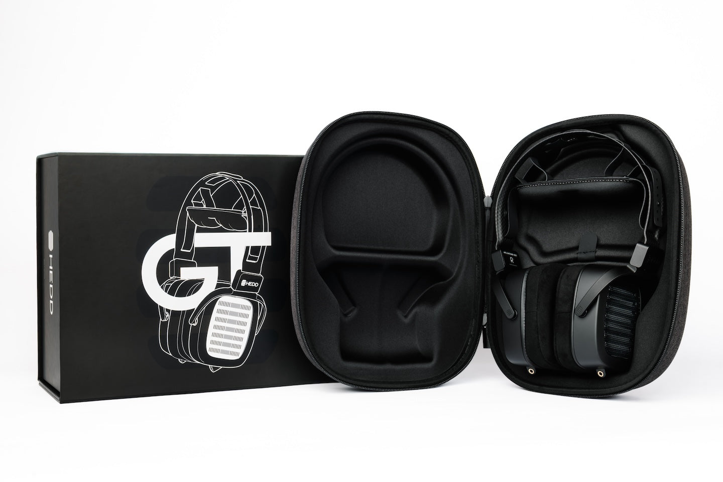 HEDDphone TWO GT in a case with a box featuring a headphone design on a white background