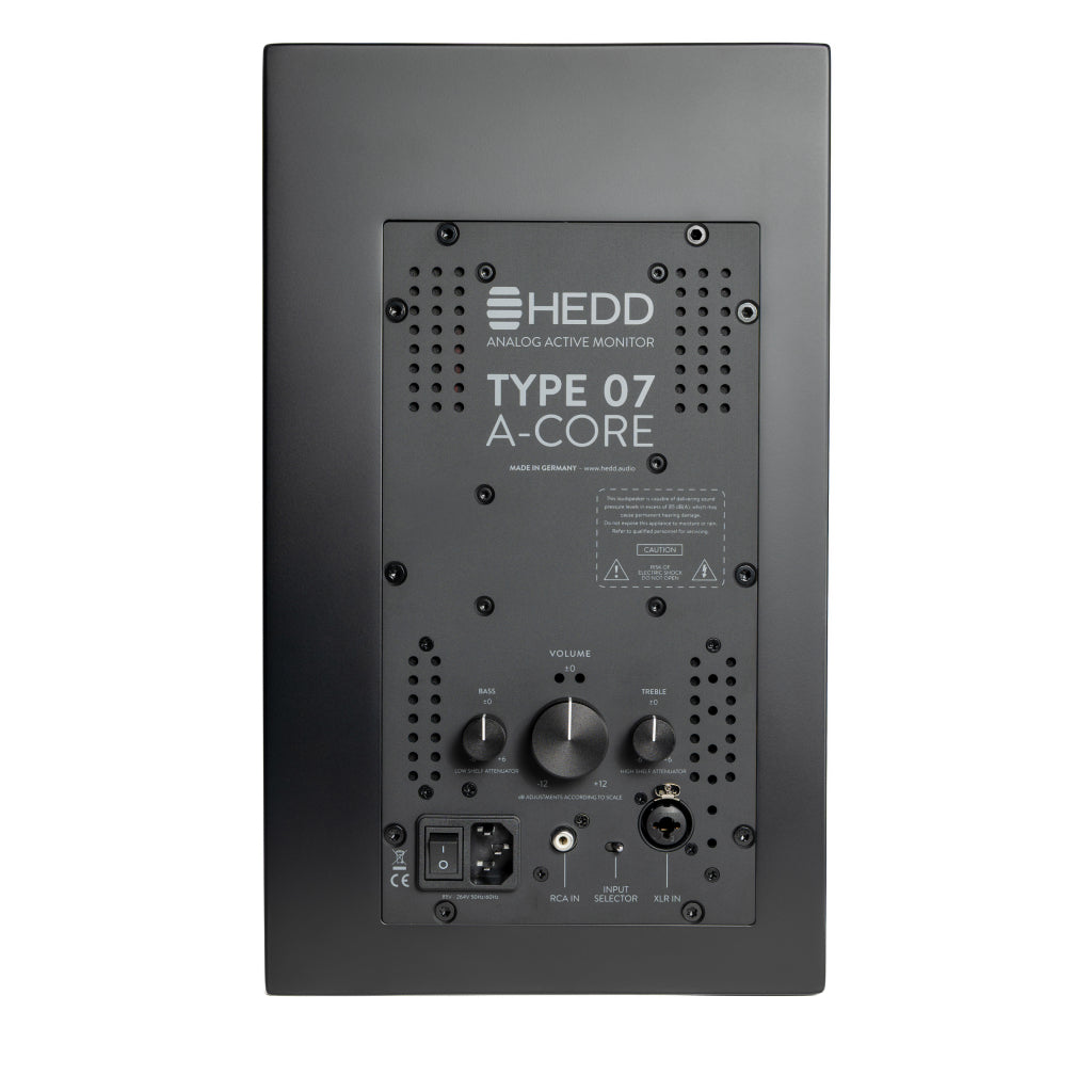 Back view of a HEDD Type 07 A-Core monitor with control knobs and ports.