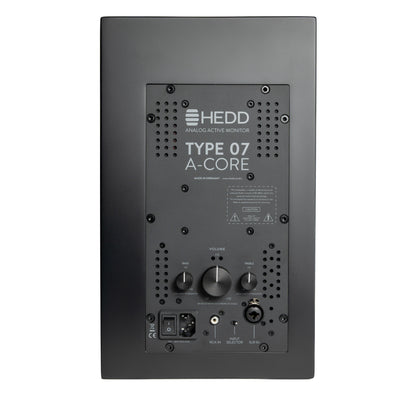 Back view of a HEDD Type 07 A-Core monitor with control knobs and ports.