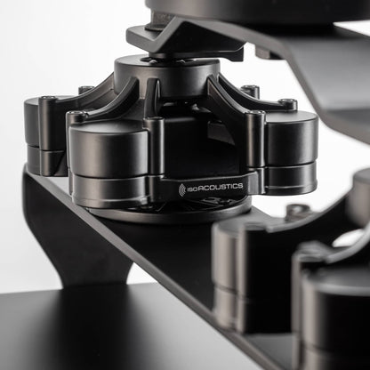 close up details of IsoAcoustics ceiling mounts for HEDD monitors