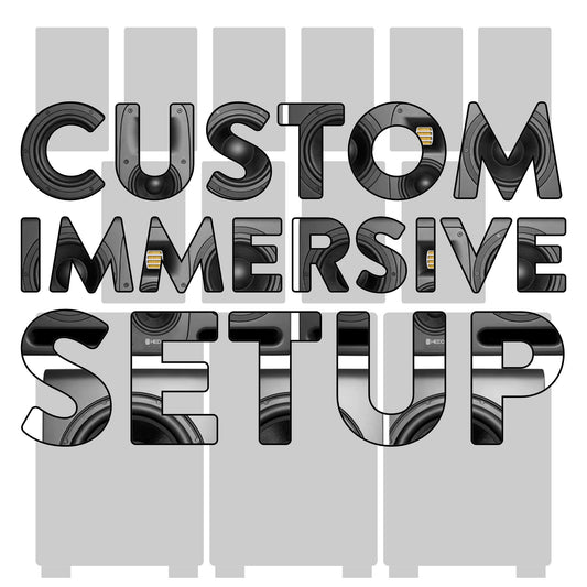 The image features the words 'CUSTOM IMMERSIVE SET UP' in a creative typography design with black and white colors.