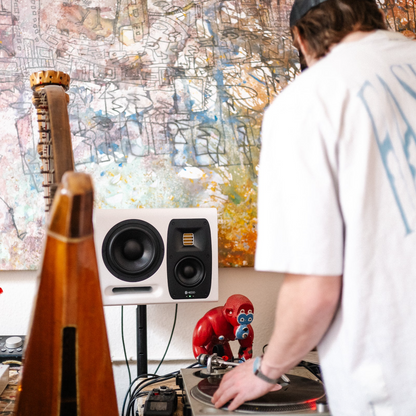 HEDD TYPE 20 monitor in a home studio setup with turntables