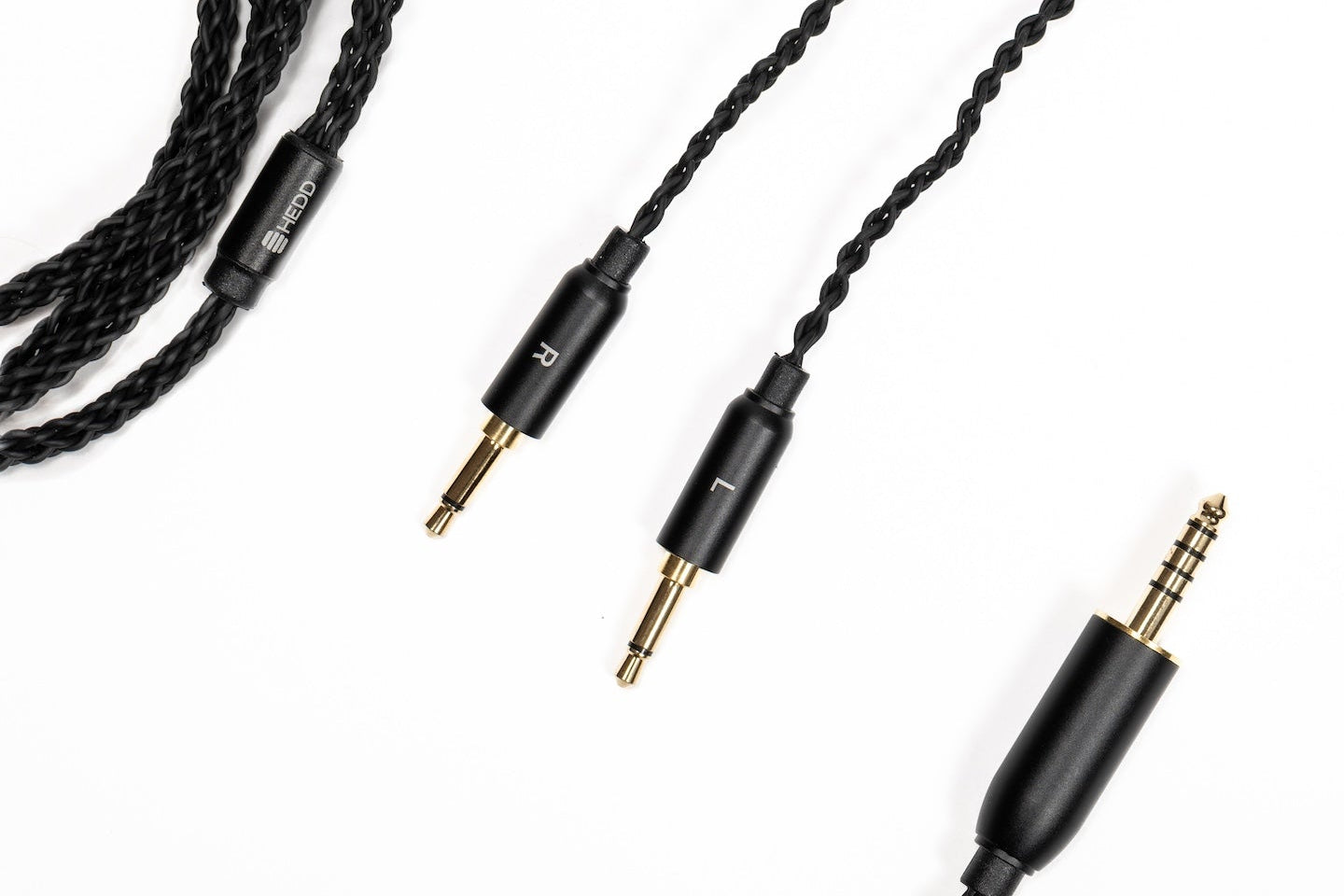 Balanced audio cable for the HEDDphone TWO with 3.5mm connectors on a white background