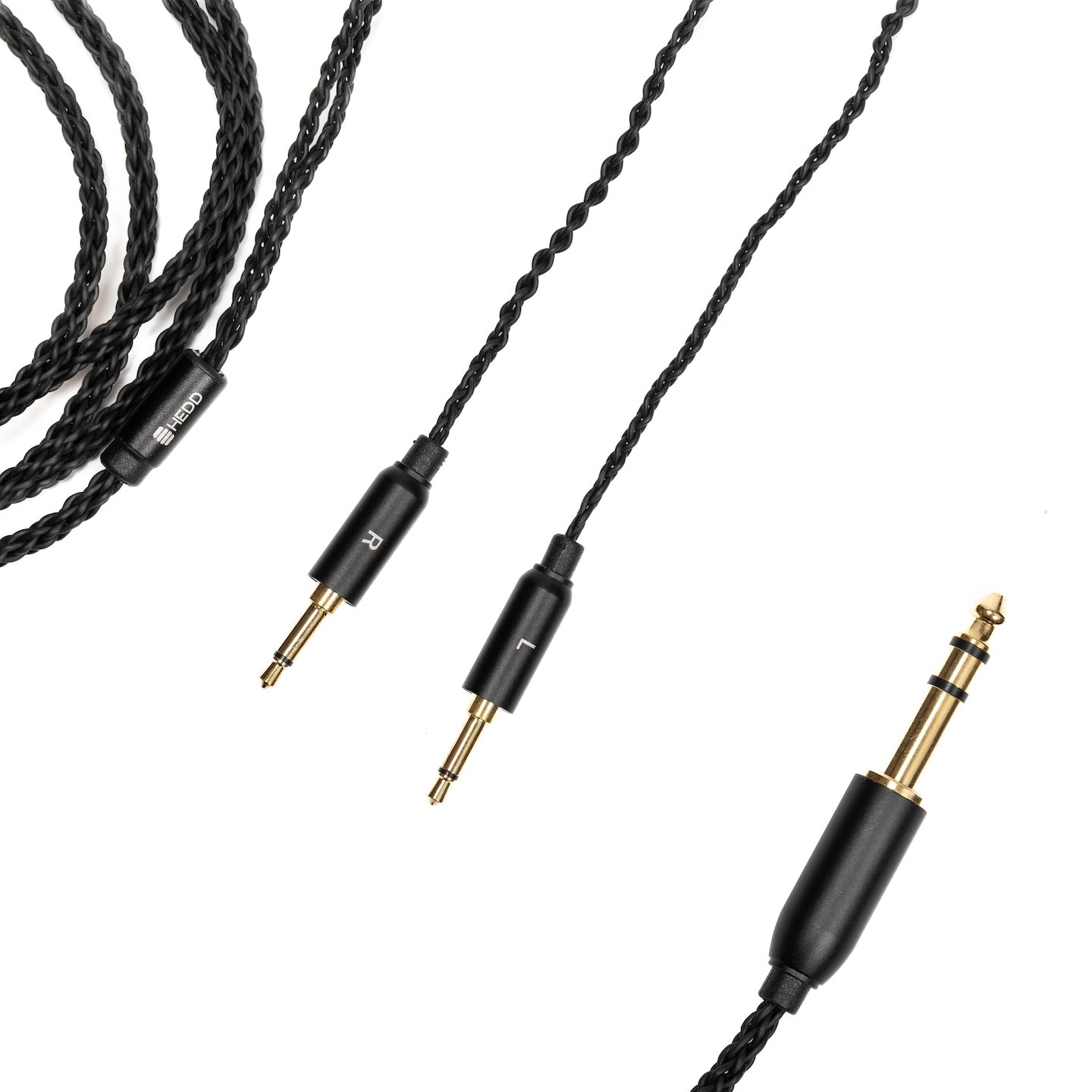 Unbalanced audio cable for the HEDDphone TWO with 3.5mm plugs on a white background