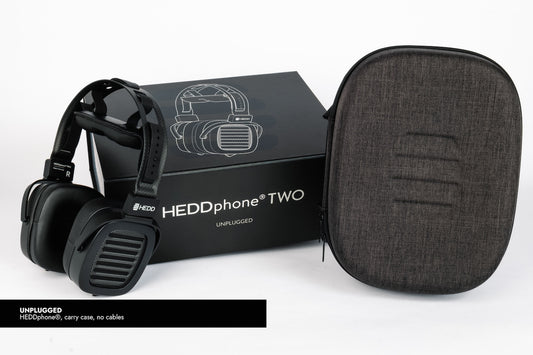 HEDDphone TWO UNPLUGGED with carrying case on a white background