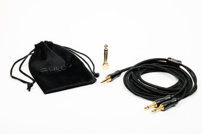 HEDDphone D1 audio cable set with connectors and a branded pouch on a white background