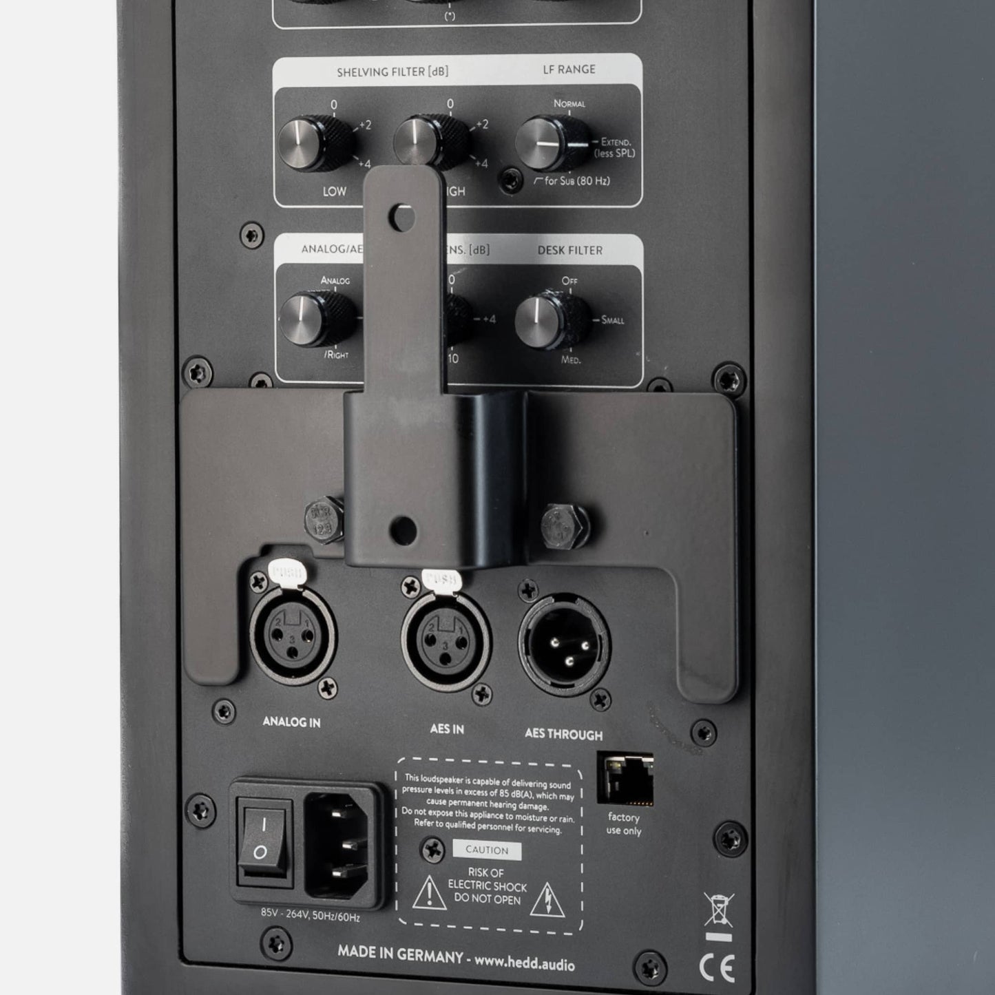 Close up of a IsoAcoustics wall mount for HEDD monitors