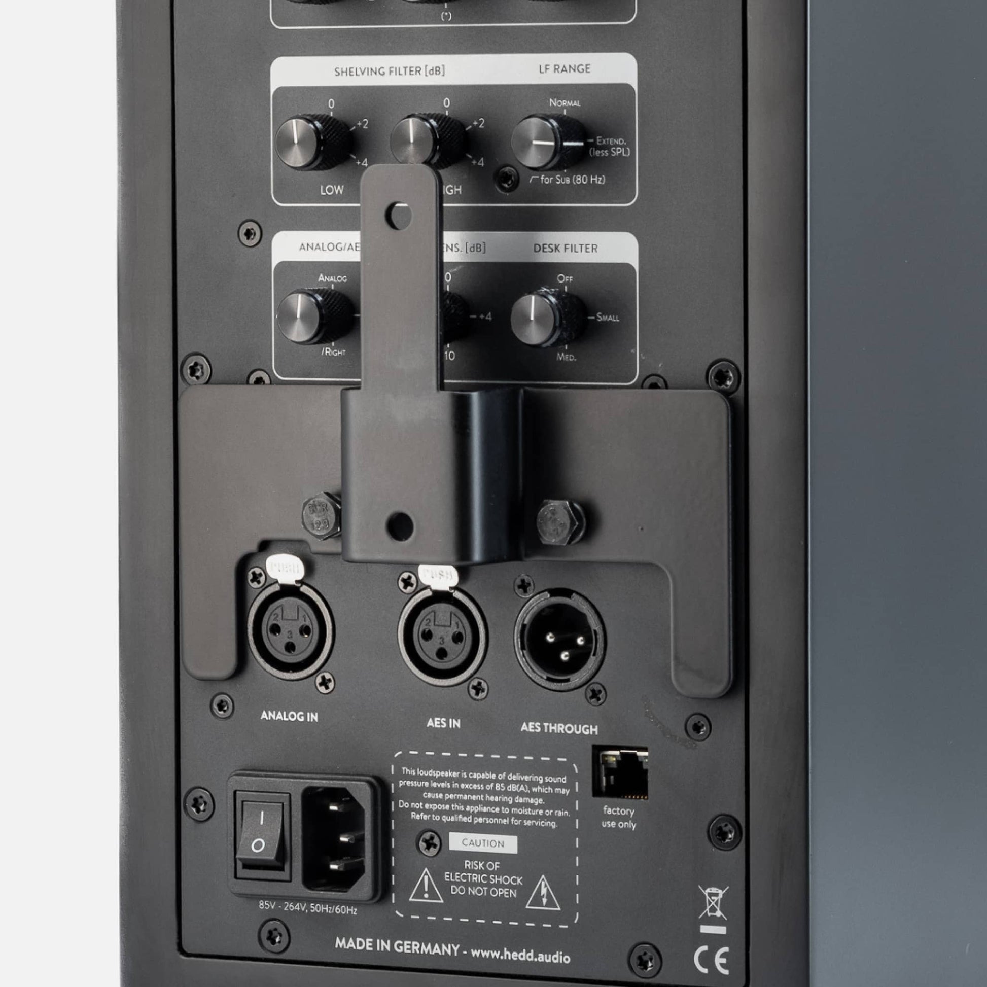 Close up of a IsoAcoustics wall mount for HEDD monitors