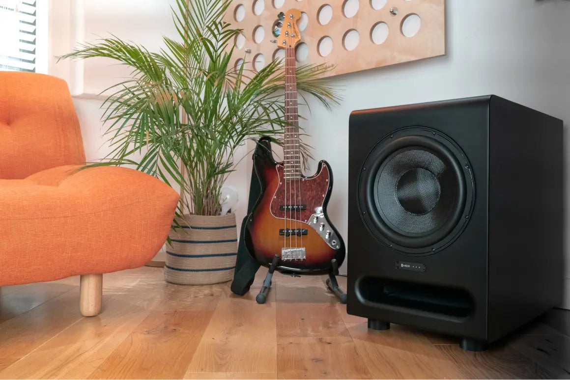 A bass 12 subwoofer in a lounge next to a guitar