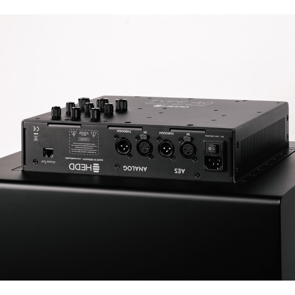 The rear panel of TYPE 40 main monitor featuring multiple XLR inputs, an Ethernet port, and control knobs.