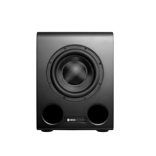 HEDD BASS 08 black compact subwoofer with visible speaker driver and ports.