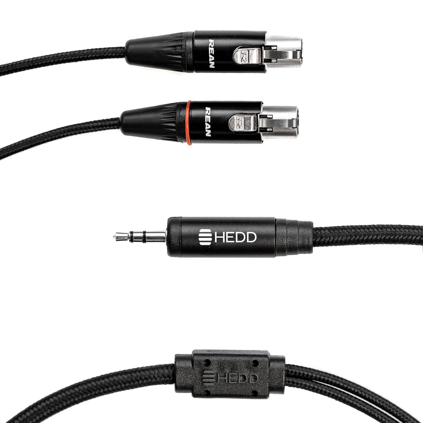 A black HEDDphone cable with mini jack connection
