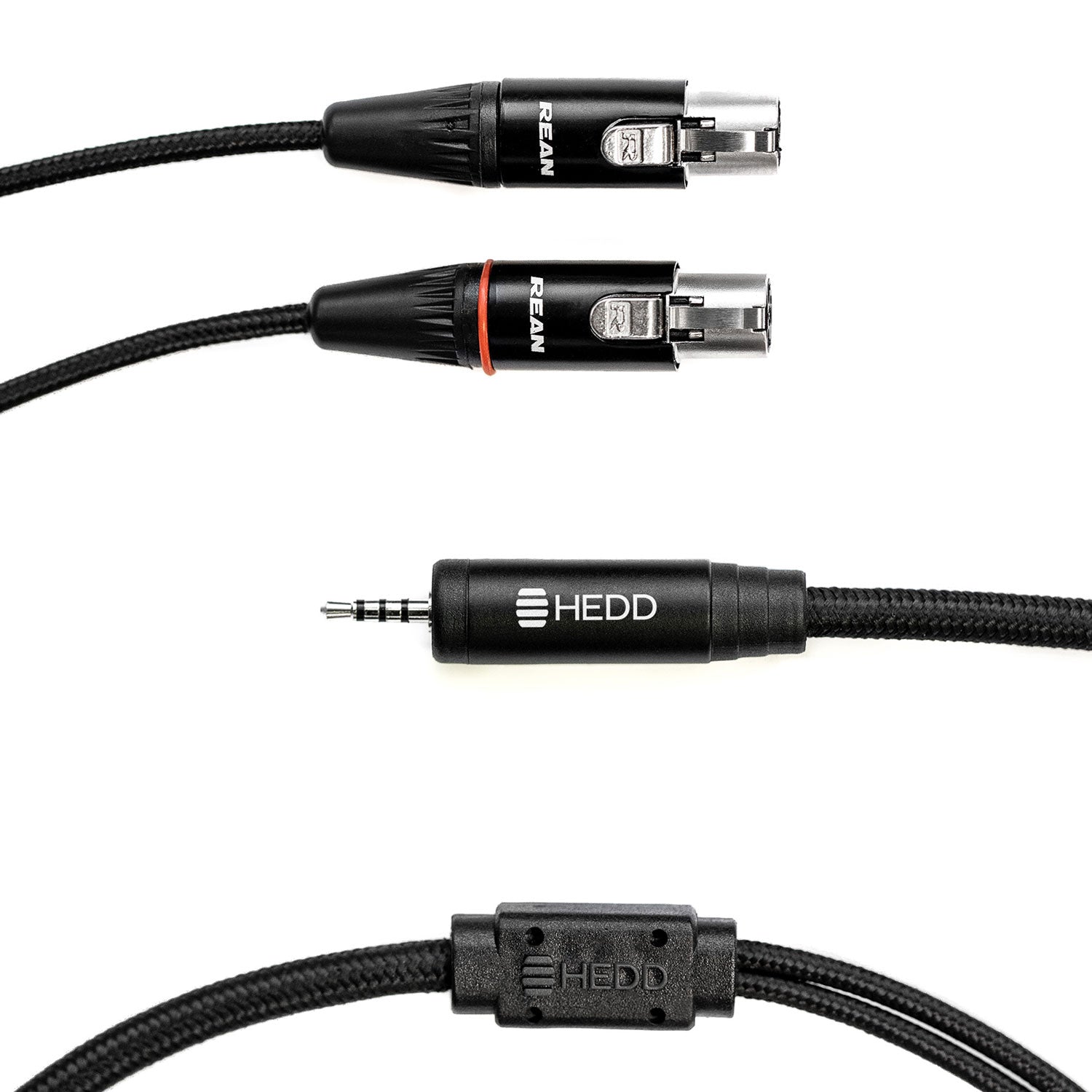 A black HEDDphone cable with mini jack connection